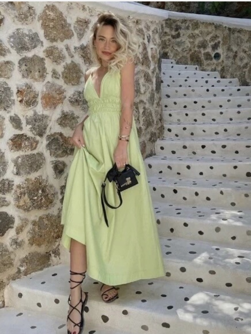 Zara Poplin Lime Green Midi Cotton Dress - M